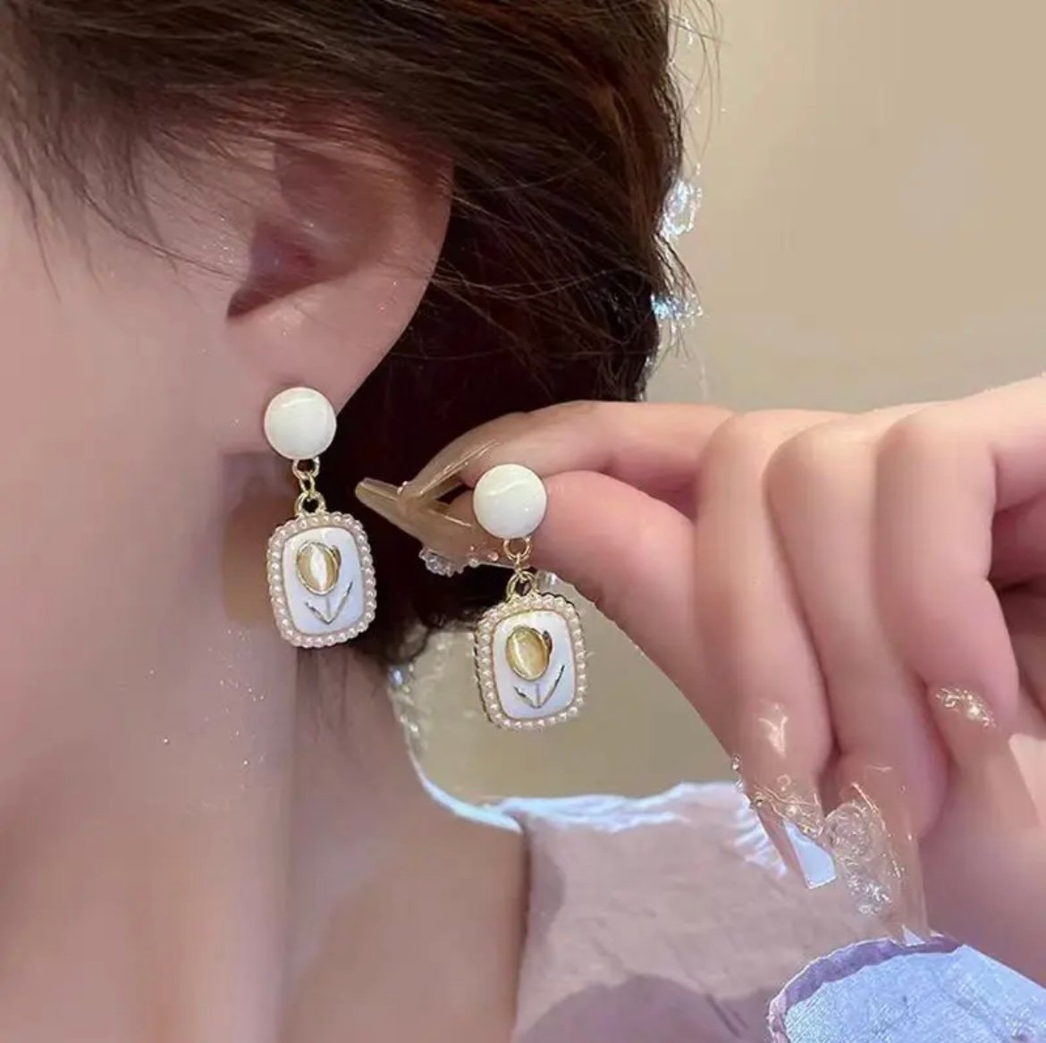 White Square Pearl Flower Stud Korean Earring