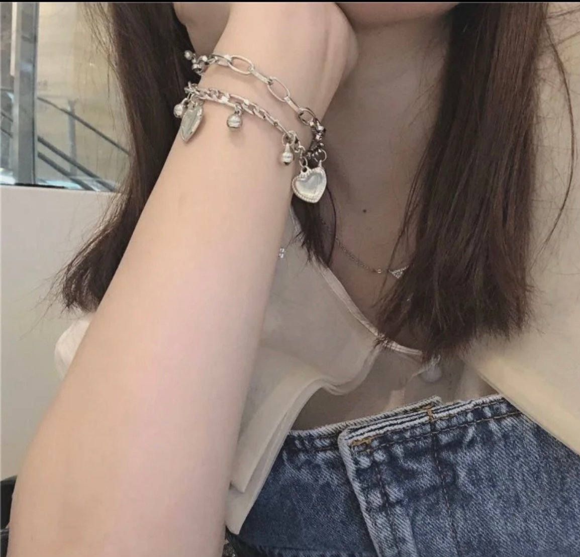 Heart Pendant Double Layered Chain Bracelet